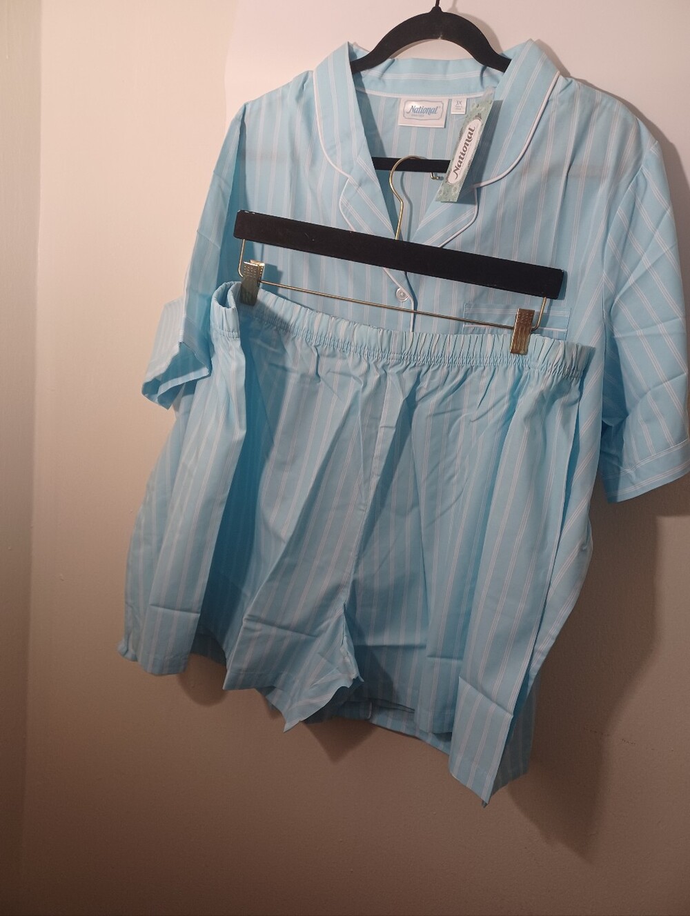 National Light Blue/White Striped Short-Sleeve Button-Down Pajamas Set 3X